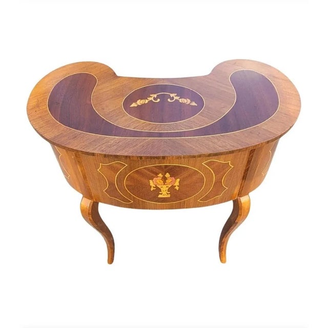 1940s Two-Drawer Continental Marquetry Mahogany Kidney Dressing Table For Sale - Image 4 of 11