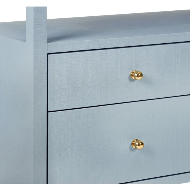 Metal Matthew Izzo Home Jordan Painted Blue Linen Six Drawer Console Table With One Open Shelf, Glass Top, and Brass Knobs For Sale - Image 7 of 7