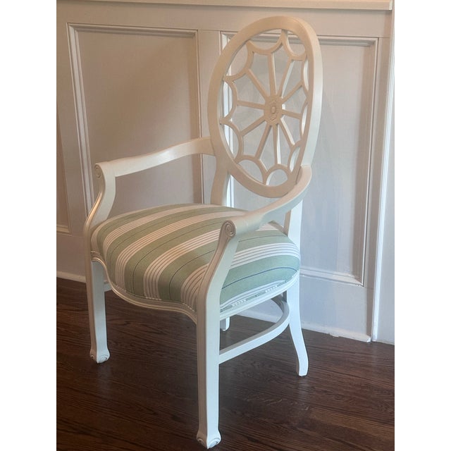 Pair of White Oval Spider Back Chairs Newly Upholstered in Schumacher Green & White Audrey Stripe For Sale - Image 4 of 8
