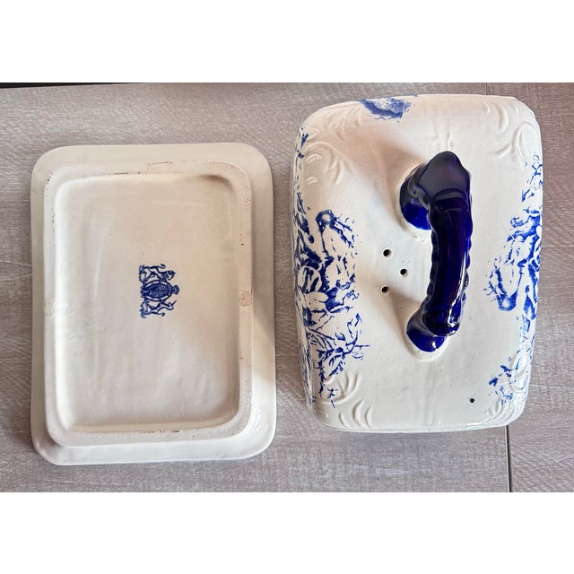 Antique Staffordshire Ironstone Blue Rose Floral Lidded Cheese Keeper Dome For Sale - Image 9 of 12