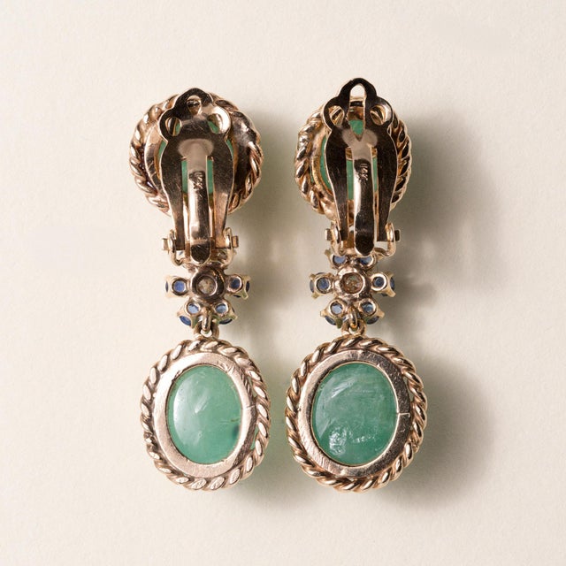 Vintage Emerald Cabochon and Diamond Dangle 14k Gold Earrings, A Pair For Sale - Image 4 of 4