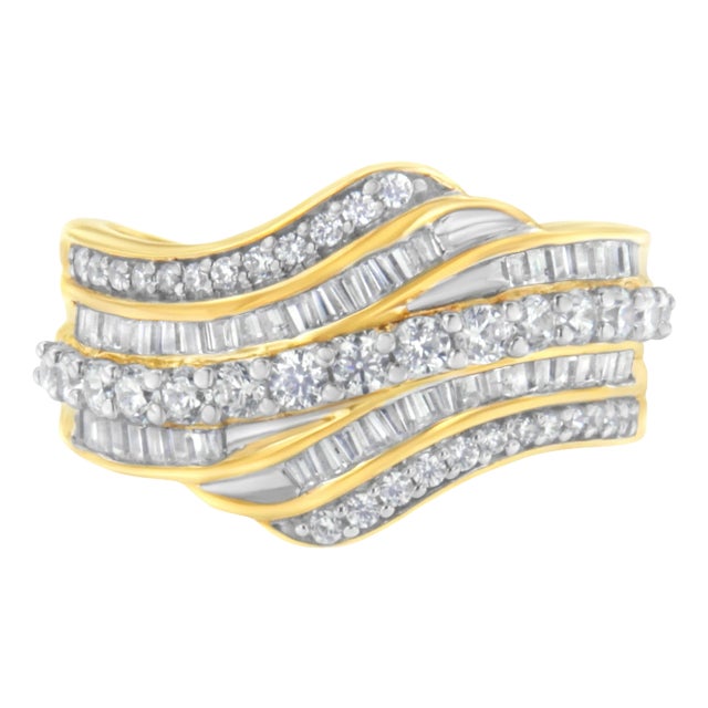 10K Yellow Gold 1.0 Cttw Baguette and Round Diamond Multi-Row Wave Bypass Ring (I-J Color, I1-I2 Clarity) - Ring Size 6 For Sale