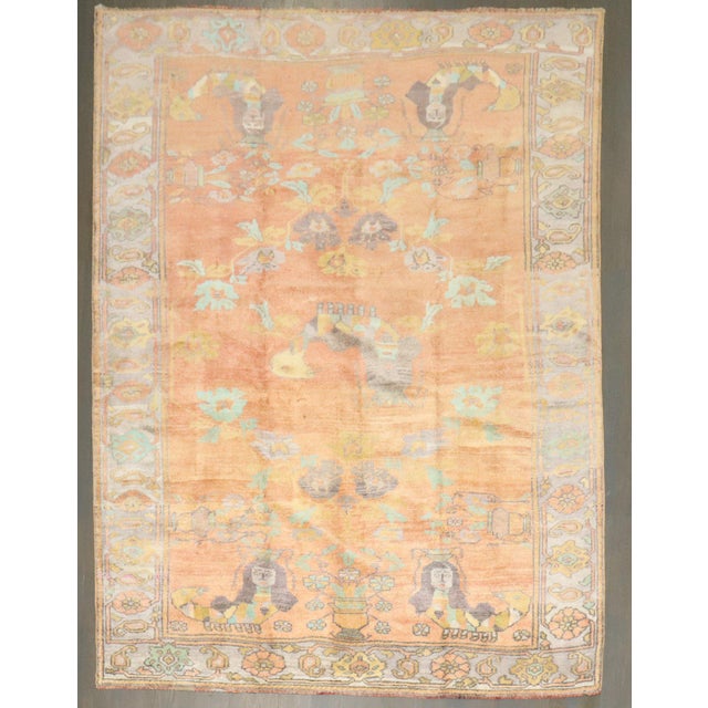 a mid-20th century Orange Coor Anatolian Turkish rug with mermaids floating around. Details rug no. j4304 size 5' 8" x 7'...