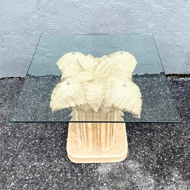 1990s Boho Chic Faux Bamboo Banana Leaf Glass Top Side Table For Sale - Image 5 of 6