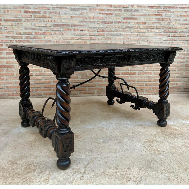 Late 19th Century Spanish Baroque Table with Dark Walnut Solomonic Legs with Carved Structure and For Sale - Image 4 of 18