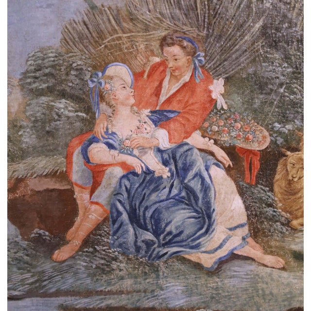 18th Century French Rococo Pastoral Courtship Painting in Gray Frame For Sale - Image 4 of 9