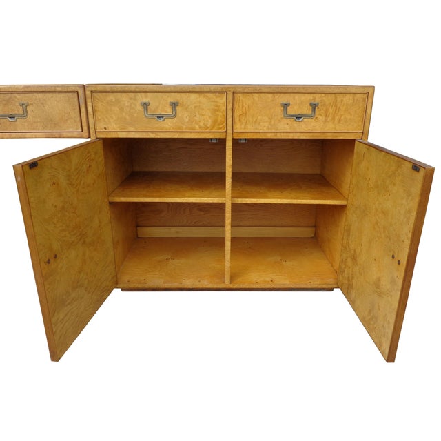 Mid-Century Modern John Widdicomb Campaign Burl Kneehole Credenza Desk For Sale - Image 3 of 13