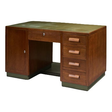 Desk in Oak with Green Linoleum Top and Base, Italy For Sale