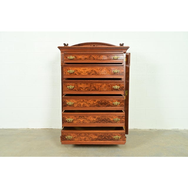Late 19th Century Herter Brothers Style Antique Eastlake Victorian Carved Walnut and Burl Wood Highboy Dresser, Circa 1880s For Sale - Image 5 of 17