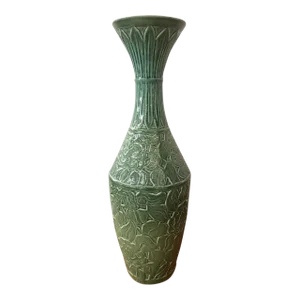 1960’s Carved Celadon Glazed Porcelain Phoenix-Tail Vase Made in Taiwan in r.o.c.