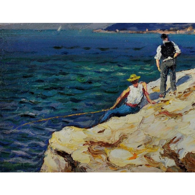 Blue Gustave Vidal, Fishermen on the Rocks, 1930s, Oil Painting, Framed For Sale - Image 8 of 18