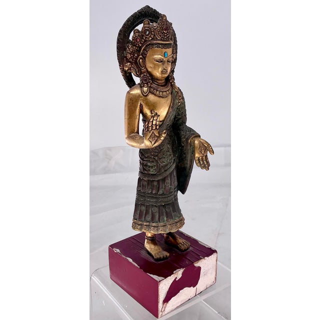 Antique Tibétan School Jeweled Bronze Figure of a Dipankara Buddha For Sale - Image 4 of 12