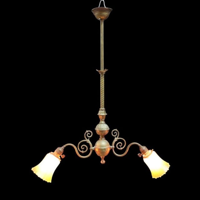 Amber Art Nouveau Brass 2 Arm Chandelier With Fluted Dark Amber Glass Shades C1910 For Sale - Image 8 of 8