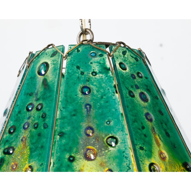 Glass Late 20th Century Felipe Derflingher Art Glass Pendant Light Fixture with Green and Yellow Tones For Sale - Image 7 of 12