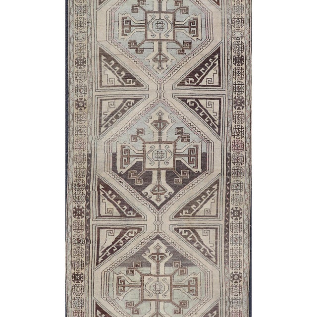 Tribal Vintage Turkish Oushak Runner With Geometric Medallions in Beige 3'11 X 13'2 For Sale - Image 3 of 13