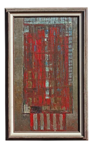 1950s Abstract Bauhaus Style Architectural Oil Painting, Framed
