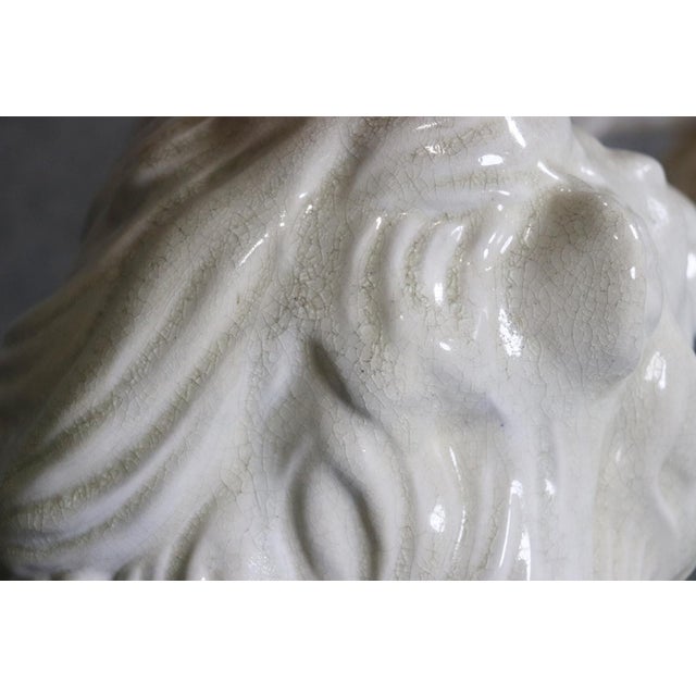 Pair Large White Glazed Ceramic Figures of Entryway Lions Paws Raised on Shield For Sale - Image 10 of 12