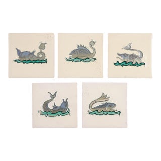 Set of 5 Belgian Faience Tiles of Imaginary Fish, C. 1920 For Sale