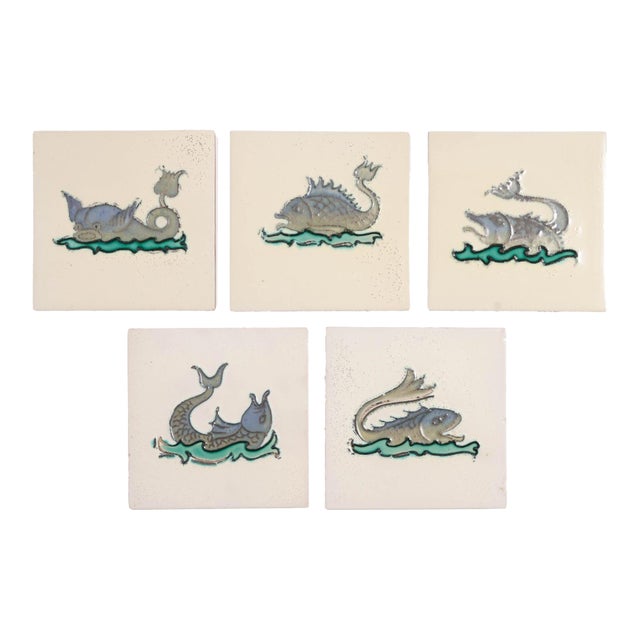 Set of 5 Belgian Faience Tiles of Imaginary Fish, C. 1920 For Sale