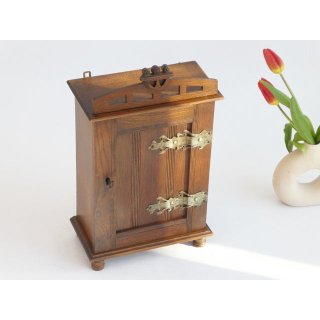 Vintage Dutch Oak Medicine Cabinet with Brass Decor, 1920s For Sale - Image 4 of 9