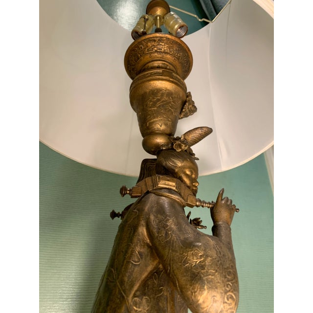 Brass Vintage Figural Brass Lamp With Drum Shade For Sale - Image 8 of 12