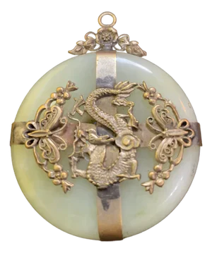 Vintage Jadeite Glass & Gilt Metal Phoenix Pendant / Medallion