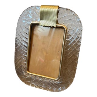 1990s Barovier Style Art Deco Clear Murano Glass and Brass Picture Frame For Sale