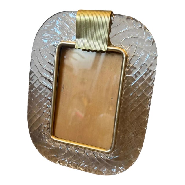 1990s Barovier Style Art Deco Clear Murano Glass and Brass Picture Frame For Sale