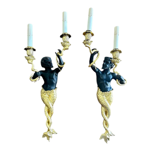 Antique Twin Tailed Mermen 23k Gold Gilded Triton Wall Sconces - A Pair
