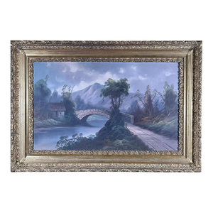 Antique 19th Century River Crossing Landscape Oil Painting in Victorian Gilt Frame