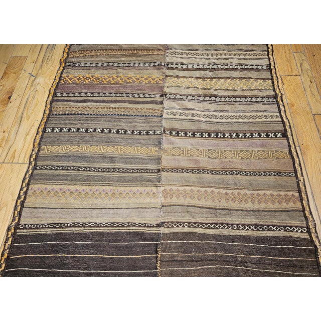 Textile Antique Uzbek Tribal Soumak Kilim, Flat-Woven Wool, Stripe Pattern, Earth Tones, 5x8 For Sale - Image 7 of 14