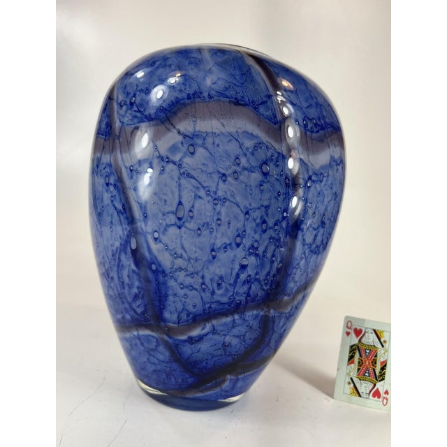 Late 20th Century Large Vase Blue Mouth Blown Art Glass Sea Scape Gold Dust vintage 12.5" For Sale - Image 6 of 16