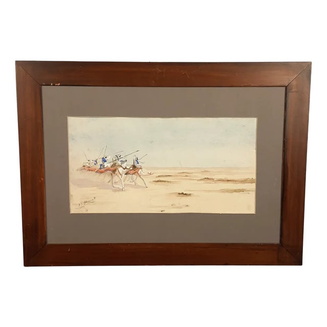 J. J. Saurat, Subjects on Camels in the Desert, 20th Century, Watercolor, Framed For Sale
