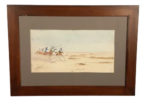 J. J. Saurat, Subjects on Camels in the Desert, 20th Century, Watercolor, Framed
