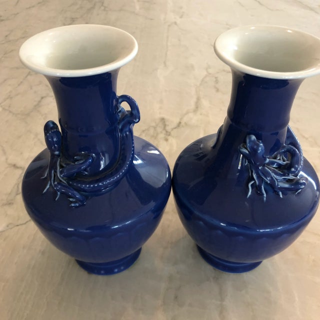 Asian Mid 20th Century Asian Cobalt Vases With Crawling Dragon Detail - a Pair For Sale - Image 3 of 8