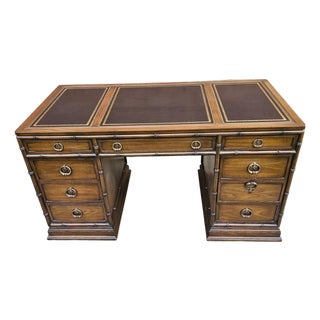 Sligh Walnut Faux Bamboo and Stenciled Leather Top Insert Executive Desk For Sale