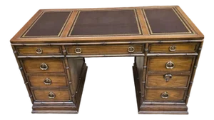 Sligh Walnut Faux Bamboo and Stenciled Leather Top Insert Executive Desk