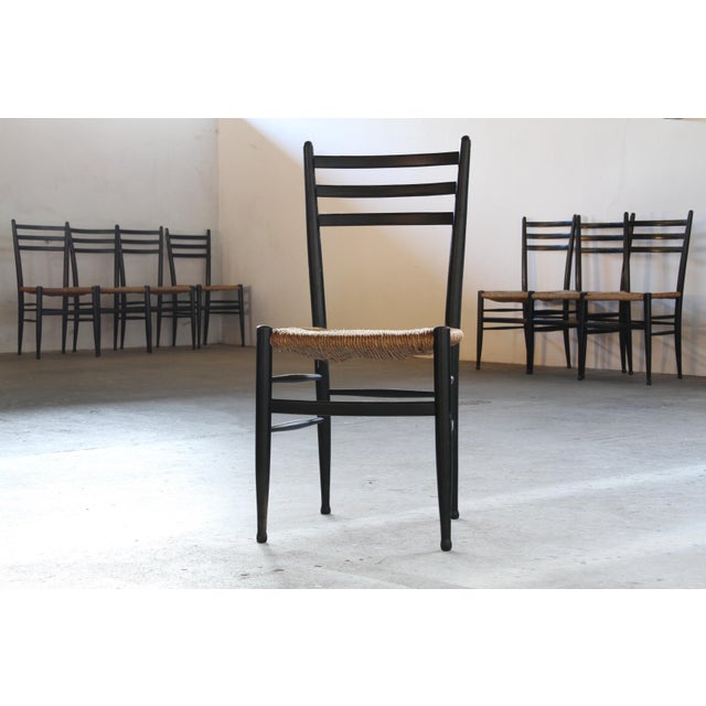 Wood Vintage Italian Papercord Black Dining Chairs with Woven Seat, 1950s, Set of 8 For Sale - Image 7 of 18