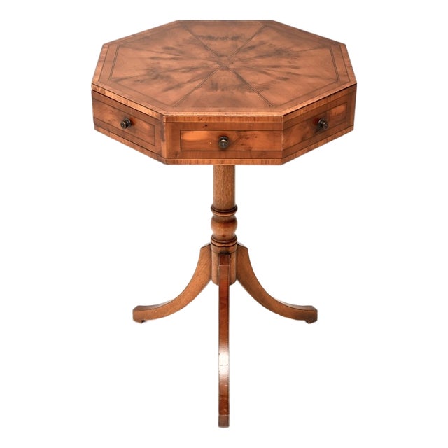 Vintage Regency Style Inlaid Yew Wood Octagonal Drum Table, 1930 For Sale