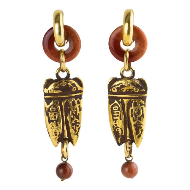 Zoe Coste Boho Ethnic Chic Cocoa Brown and Gilded Resin Dangle Clip Earrings For Sale