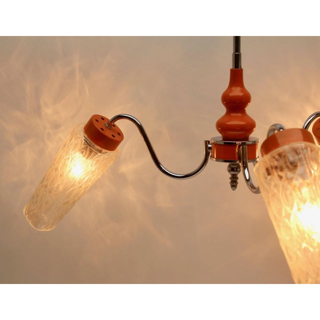 3-Arm Hanging Lamp in Tangerine, Chrome and Wood with Optical Shades, 1960s For Sale - Image 6 of 9