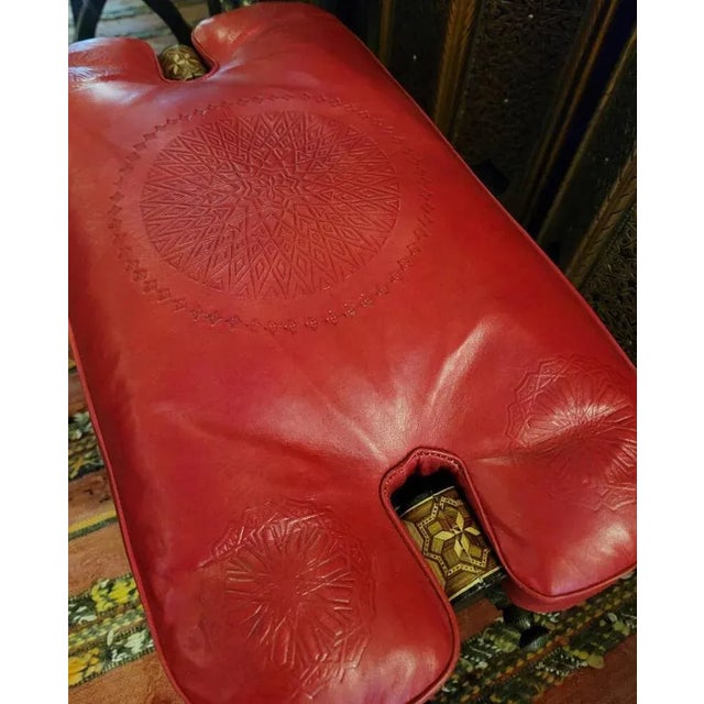 Indian Moroccan Camel Saddle Red Leather Cushion Stool For Sale - Image 3 of 8