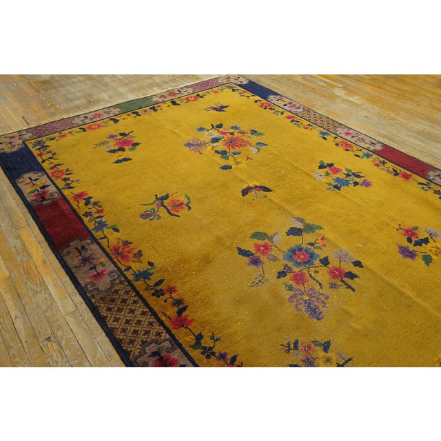 Textile 1920s Yellow Florid Antique Chinese Art Deco Carpet 7'2" X 9'10" Handknotted Wool Rug For Sale - Image 7 of 14