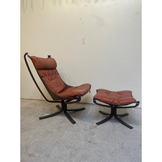 Vatne Møbler Pair of Vintage Cognac Leather/Beech Chairs and Ottoman For Sale - Image 4 of 8