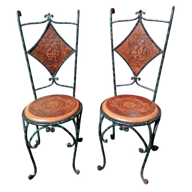 Exceptional pair of elegant iron and Leather Brutalist 1970s French Chairs with enduring strength. Features: Forged...