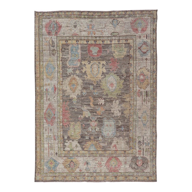 Large Floral Designed Modern Oushak on a Brown-Gray Field and Cream Border For Sale