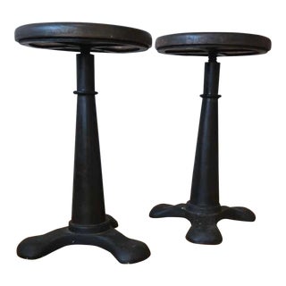 Pair of Restoration Hardware Cast Iron and Wood Stools For Sale