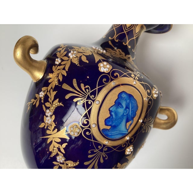 Ceramic A Diminutive Pair of Cobalt and Gilt Porcelain Neoclassical Cabinet Vases For Sale - Image 7 of 8