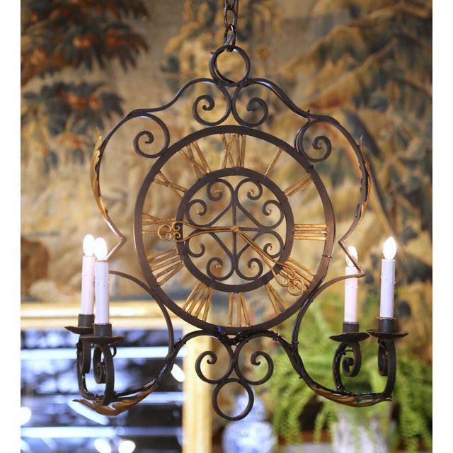 Green Early 20th C. French Green Painted and Gilt Wrought Iron Clock Face Chandelier For Sale - Image 8 of 13