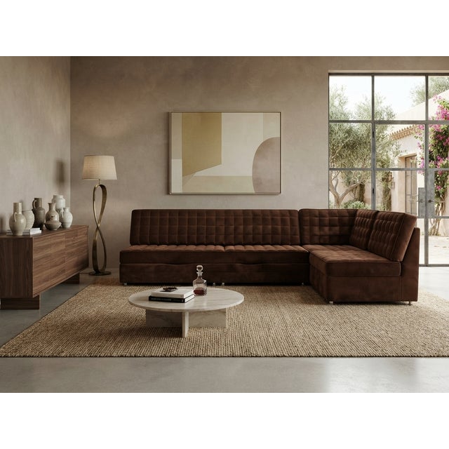 A striking piece of Hungarian Mid-Century Modern design, this modular sofa features a timeless brown velvet upholstery...